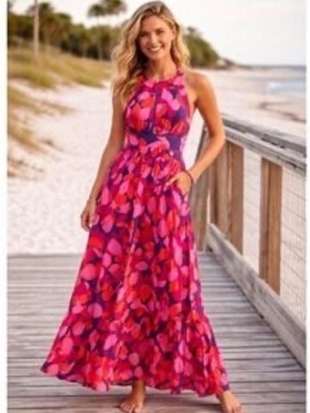 Anthropologie Abel the Label Charlotte Halter Maxi Dress Tropical Floral Pink